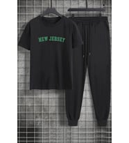 Unisex New Jersey Baskılı 2'li Eşofman Takımı (Siyah)