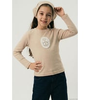 Breeze Kız Çocuk Uzun Kollu Tişört Vintage Dantel Fiyonk Aplikeli 5-10 Yaş, Bej