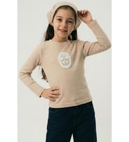 Breeze Kız Çocuk Uzun Kollu Tişört Vintage Dantel Fiyonk Aplikeli 5-10 Yaş, Bej