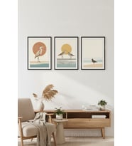 Minimalist Sahil Kuşları Gün Batımı 3’lü Ahşap Çerçeveli Tablo Seti