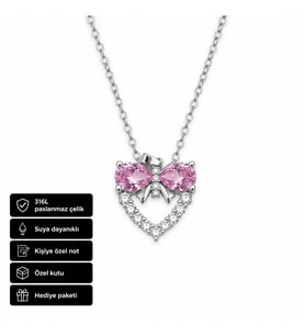 Pembe Taşlı Kalp Fiyonk Kolye 316L Çelik Kadın Hediye Kolye