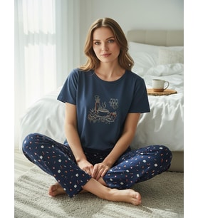 Mihra Kadın Compakt Penye Bisiklet Yaka Kısa Kol İnce Pijama Takımı 90784L - 1 Adet (Lacivert)