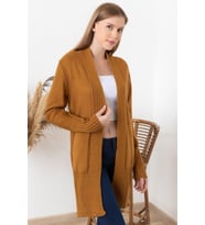 Kadın Camel Şerit Bantlı Geniş Manşet Önü Açık Hırka