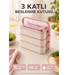 Pembe 3 Katlı Beslenme Kutusu Çatal Kaşık Dahil Kilitli Kapaklı