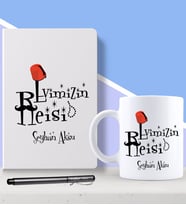 BK Gift Kişiye Özel Evimizin Reisi Tasarımlı Beyaz Defter Kalem ve Kupa Seti-1 (Model 1)