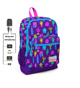Adalinhome Coral High Kids USB+AUX Soketli Desenli Dört Bölmeli Okul Sırt Çantası (Su Yeşili)