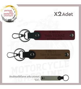 Motosiklet Tutkunlarına, İsim Plaka ve 0 Rh (-) Kan Grubu Yazılı Deri x2 Anahtarlık, Kahve-Bordo-Gr (Çok Renkli)
