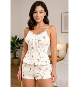 Mulvxbrf Brf02 Kadın Ayıcık Desenli Şortlu Pijama Takımı Sevimli Rahat 2 Li Set (Mulvix)