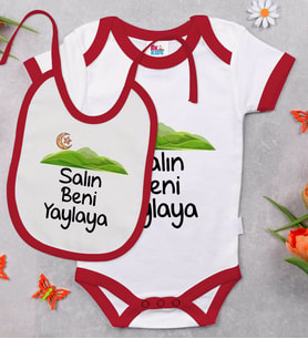 BK Kids Salın Beni Yaylaya Tasarımlı Kırmızı Bebek Body Zıbın ve Mama Önlüğü Hediye Seti-1