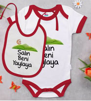 BK Kids Salın Beni Yaylaya Tasarımlı Kırmızı Bebek Body Zıbın ve Mama Önlüğü Hediye Seti-1
