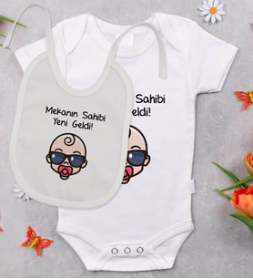 BK Kids Mekanın Sahibi Yeni Geldi Tasarımlı Bebek Body Zıbın ve Mama Önlüğü Hediye Seti - Model 1