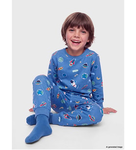 LCW Kids Mavi Bisiklet Yaka Baskılı Erkek Çocuk Pijama Takımı