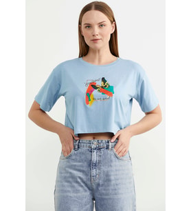Oversize Baskılı Crop Tişört - Mavi