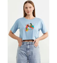 Oversize Baskılı Crop Tişört - Mavi