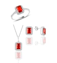 Söğütlü Silver Gümüş rodyumlu kırmızı taşlı baget üçlü set