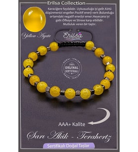 Sertifikalı AAA+ Kalite Gerçek Terahertz - Sarı Akik Taşı Bileklik