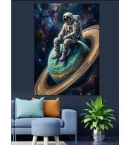 Satürn Halkasında Oturan Astronot Figürü Dekoratif Kanvas - Mdf Ahşap Tablo
