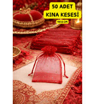 50 Adet Kına Kesesi Kırmızı Tüllü Simli – Kına Gecesi, Düğün, Nişan Hediyelik (9x12 cm)