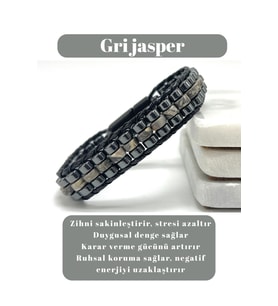 Sertifikalı Gri Jasper Disk Model Doğal Taş Erkek Bileklik Kilitli Kapama