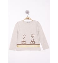Toontoy Kız Çocuk Kedi Baskılı T-Shirt  (Kahve Melanj)