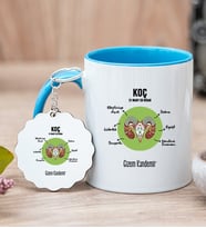 Kişiye Özel Koç Burcuna Hediye Mavi Kupa Bardak ve Anahtarlık