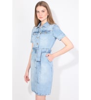 Kadın İki Cepli Açık Mavi Jean Elbise Kemerli Regular Fit