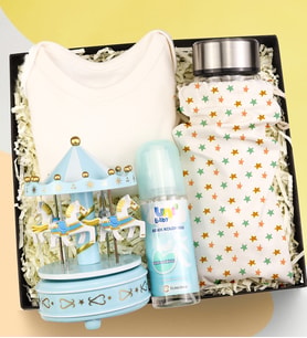 Atlı Karınca Müzik Kutusu & Yenidoğan Bebek Zıbını & Kılıflı 300ML Borosilikat Cam Dereceli Matara & Unibaby Bebek Kolonyası Yeni Doğan Premium Hediye Seti
