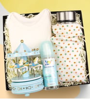 Atlı Karınca Müzik Kutusu & Yenidoğan Bebek Zıbını & Kılıflı 300ML Borosilikat Cam Dereceli Matara & Unibaby Bebek Kolonyası Yeni Doğan Premium Hediye Seti