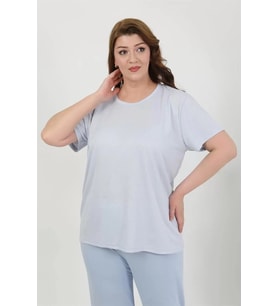 Kadın Büyük Beden Kısa Kol Penye Pijama Takımı Mavi