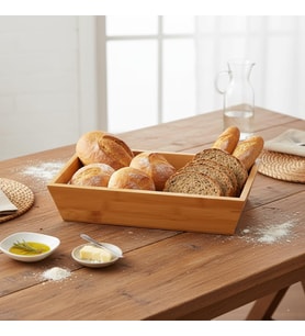Bambu Ekmek Sepeti ve Sunumluk (33x15x7 cm) Doğal Ahşap Modern Meyve, Sebze ve Servis Sepeti Antibakteriyel ve Şık Tezgah Üstü Düzenleyici