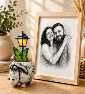 Kişiye Özel Karakalem Fotoğraflı Ahşap Çerçeveli Sevimli Kuzu Masa Lambası
