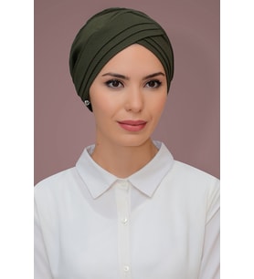 Haki Pratik Hazır Geçmeli Tesettür Bone Petekli Mevsimlik Üç Çapraz Sade 1863_09