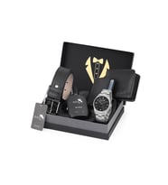 Polo Air Klasik Metal Kordon Erkek Kol Saati Kemer Cüzdan Kartlık Parfüm Damat Kutusunda Siyah Set Gümüş Renk DT-012E4