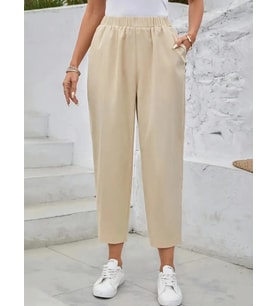 pilelistore- Kadın Yüksek Bel Yandan Cepli Düğme Detaylı Geniş Kesim Ithal Krep Pantolon (Bej)