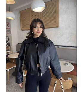 Kadın Siyah Fermuarlı Crop Deri Bomber Mont