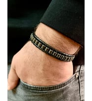 %100 Deri&Hematit Kombinli Erkek Bileklik Boyut NET 21cm (Türk El Üretimi) (Füme)