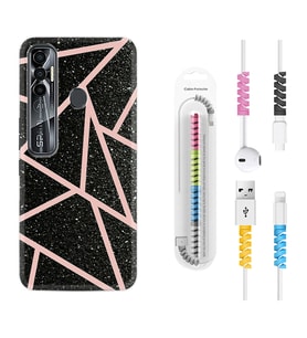 Tecno Spark 6 6 Go 8C 8 Pro 7 7 Pro Kılıf Kablo Koruma Spiral Silikon Pembe Şeritli Mermer 1312