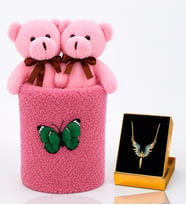 Peluş Saksıda Peluş Ayıcık Buketi ve Mikail Meleği Kolye Kadına Sevgiliye Arkadaşa Hediye Seti