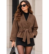 Kadın camel süet dokulu V yaka çift düğmeli tokalı kuşaklı oversize ceket DPK020