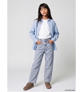 LCW Kids Mavi Baggy Fit Nakışlı Kız Çocuk Jean Pantolon