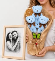 Size Özel Karakalem Fotoğraflı Ahşap Çerçeve ve Büyük Boy Mavi Peluş Ayıcık Buketi