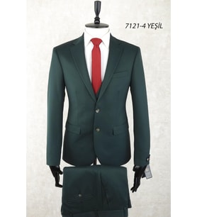 Slim Fit Mono Yaka İki Düğme Çift Yırtmaç Yeşil Drop 6 Yelekli Takım Elbise