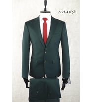 Slim Fit Mono Yaka İki Düğme Çift Yırtmaç Yeşil Drop 6 Yelekli Takım Elbise
