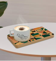 BK Gift Kişiye Özel Modern Art Tasarımlı Doğal Ahşap Tabaklı Seramik Fincan Sunum Seti  Model 14