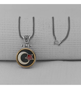 Ay Yıldız Ortası Dönen   925 Ayar Gümüş Erkek Kolye