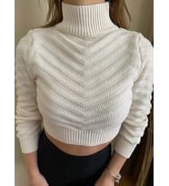 Kabartmalı Balıkçı Yaka Crop Kazak (Krem)
