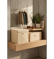 HomyJR’s 2’li Saklama Seti (Kare Kapaklı Kutu + Fermuarlı Destekli Hurç) Dolap İçi Organizer - Krem/Ekru (Standart)