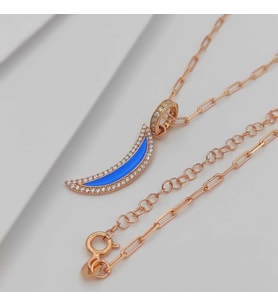 Gümüş Ay Model Mineli Ve Zirkon Taşlı Kolye 925 Ayar
