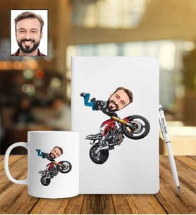 Kişiye Özel Motorcu Tasarımlı Karikatür Defter Kalem Kupa Set 114