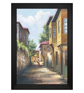 Eski İstanbul Sokakları Motifli Kanvas Tablo 80 x 110 cm Siyah Çerçeve